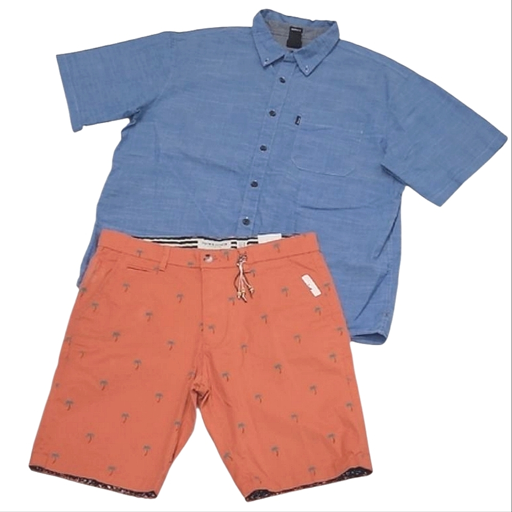 Denim & Flower Patterned Flat Front Dress Shorts 5 Pockets Dressy Casual Short